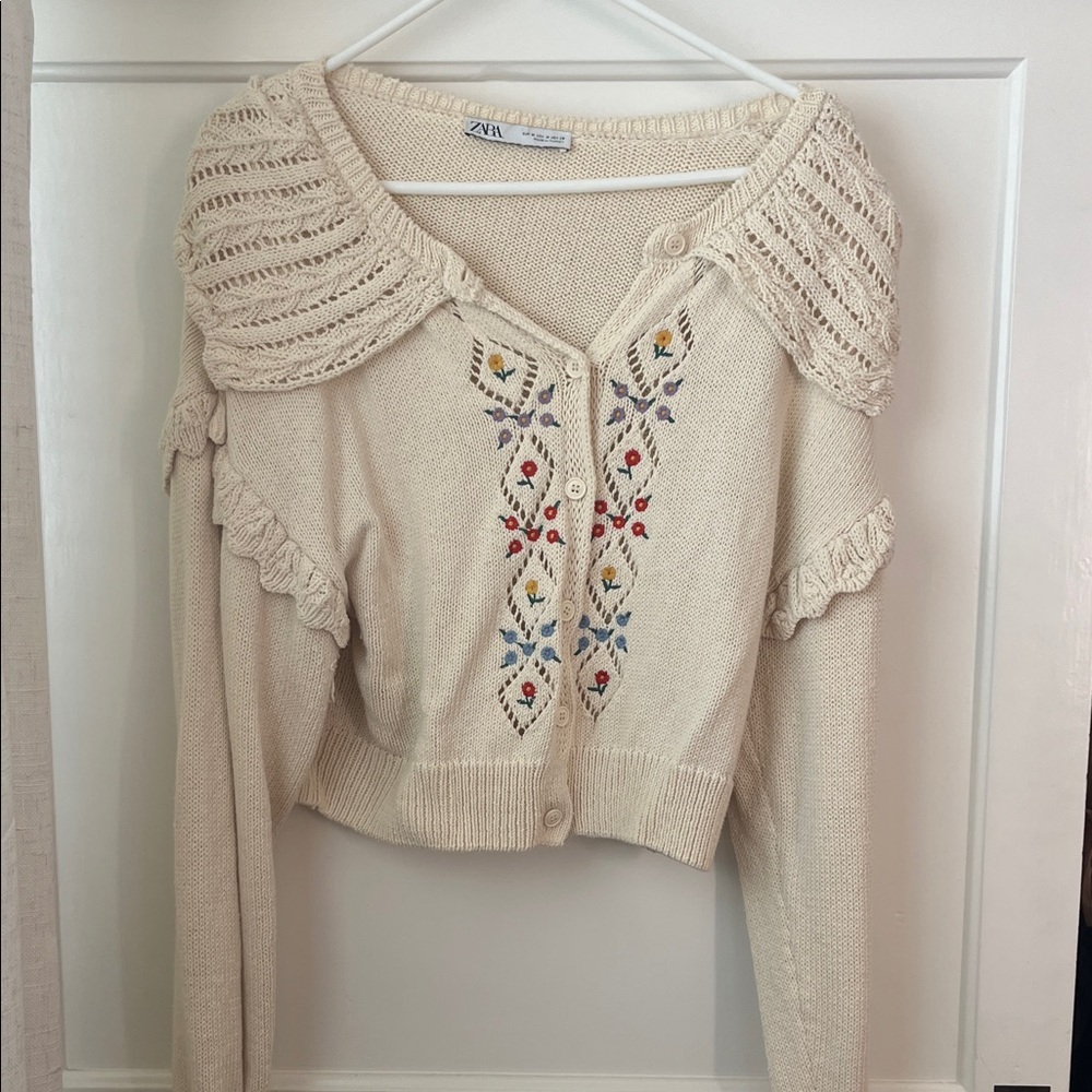 Zara Cream Cardigan with Colorful Embroidery